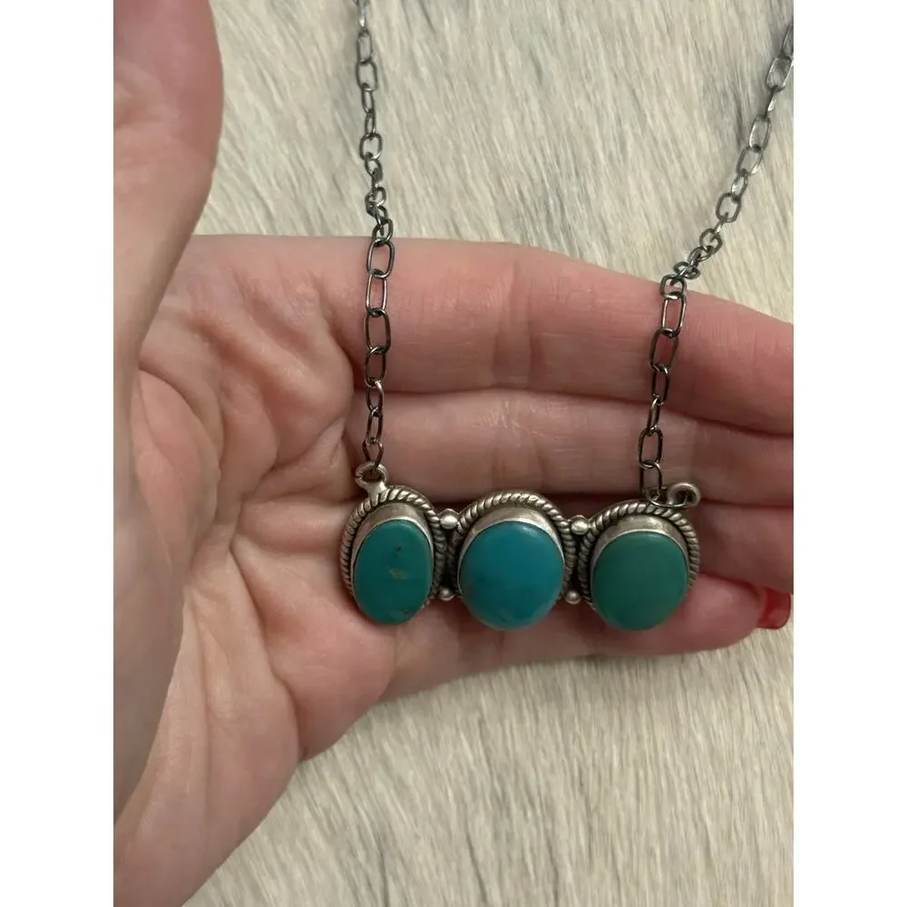 Sterling Silver Kingman Turquoise Blue 3 Stone Bar Link Necklace Braided 20”